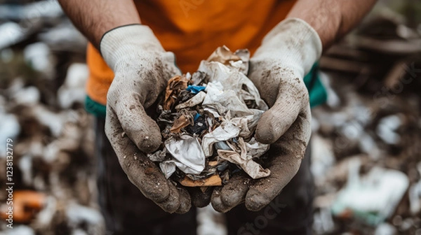 Fototapeta Volunteer holding waste shows concern about environment and wants to make earth cleaner