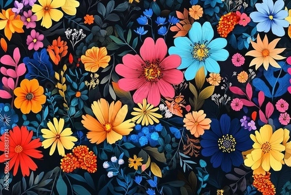Fototapeta Vibrant Floral Pattern on Dark Background