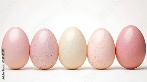 Fototapeta Pink and beige eggs on a gray background, Easter background, space for text Easter banner or card