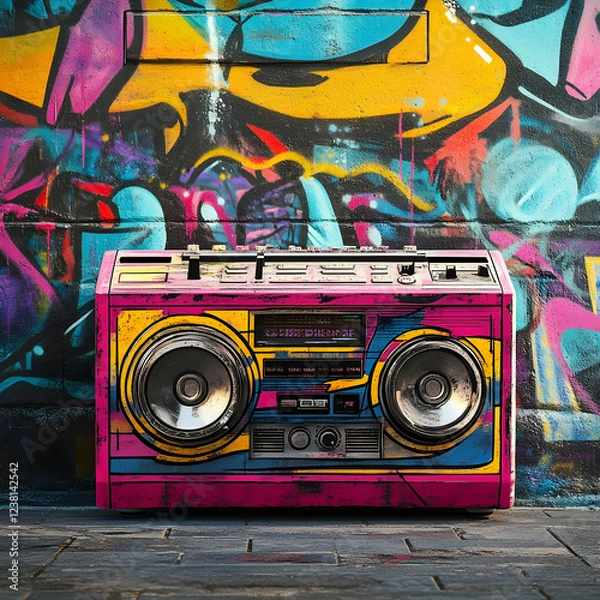 Obraz A vibrant boombox against a colorful graffiti wall, showcasing urban culture.