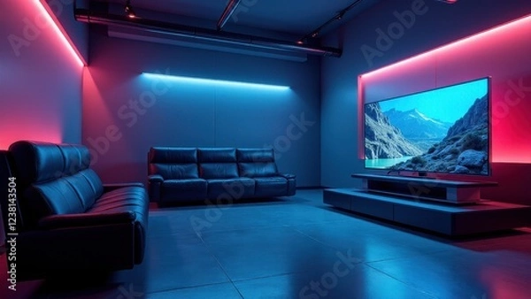 Fototapeta Television Mockup with Stand, Gaming lounge clear setup TV on futuristic stand photorealistic