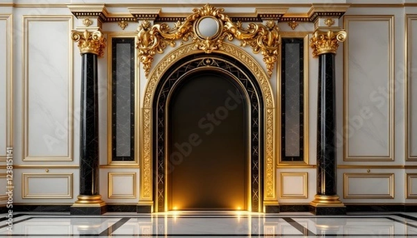 Fototapeta gold and black baroque style portal of a palace columns interior palace design generative  ai
