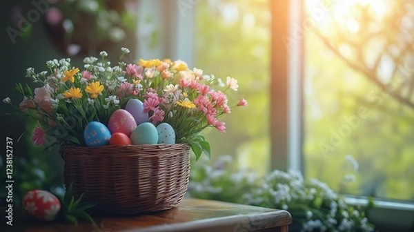 Fototapeta Easter basket with vibrant eggs and spring flowers