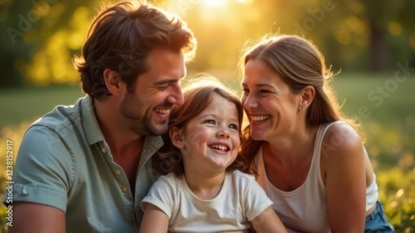 Fototapeta Joyful family of three spending quality time together in a vibrant park on a sunny day
