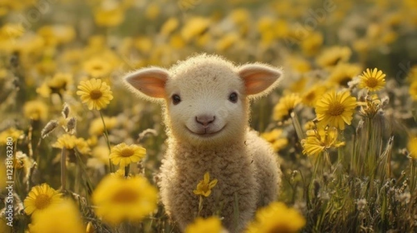 Obraz Little sheep among flowers. Little curly lamb in nature.