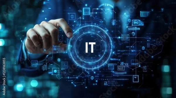 Fototapeta Business Professional Interacting with Digital Technology Interface Displaying IT Concepts and Data Analytics Trends in a Modern Workspace