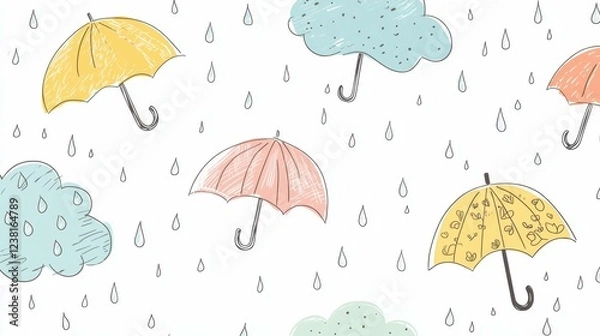 Fototapeta Colorful Umbrellas and Raindrops Pattern for Fun Design Projects
