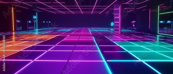 Fototapeta Neon Grid Corridor Virtual Reality