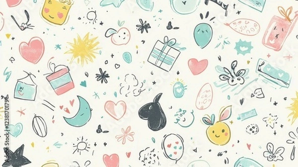 Obraz Whimsical Hand-Drawn Doodles in Pastel Colors on Light Background