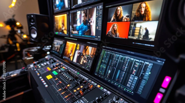 Fototapeta Advanced video production setup showcases high-tech equipment during live streaming event