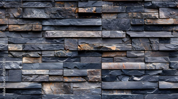 Fototapeta A textured wall made of dark slate stones arranged in a modern design.