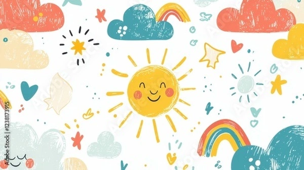 Fototapeta Cheerful Sun and Cloud Pattern with Colorful Elements for Kids