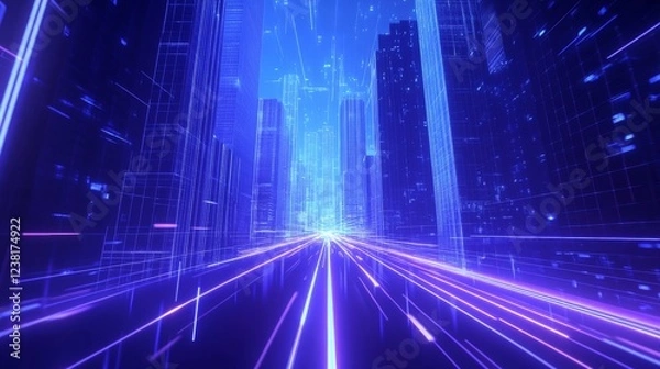 Fototapeta Abstract digital cityscape background with blue and orange lines, a speed motion effect on modern skyscrapers