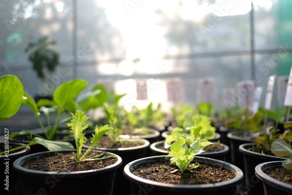 Fototapeta Closed up little vegetable in black basket. Agricultural experiement in plant House. Growing Up Salad for those who planted byself. Blured green leaf tree in solid soils.