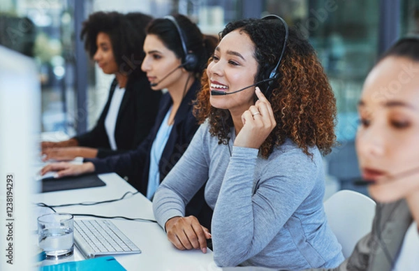 Fototapeta Virtual assistant, call center and woman on computer in office for talking, communication and consulting. Business, customer support team and person for contact, crm service and online receptionist