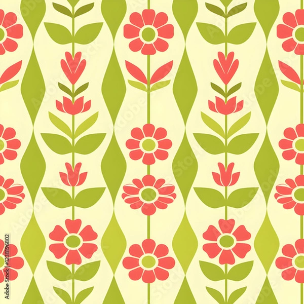 Fototapeta A vibrant floral pattern featuring pink flowers and green leaves on a light background.