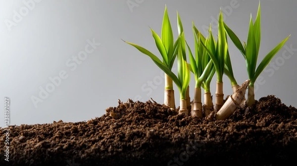 Fototapeta New Life Emerging: A Cluster of Young Bamboo Shoots Sprouting from Rich Soil Against a Neutral Background