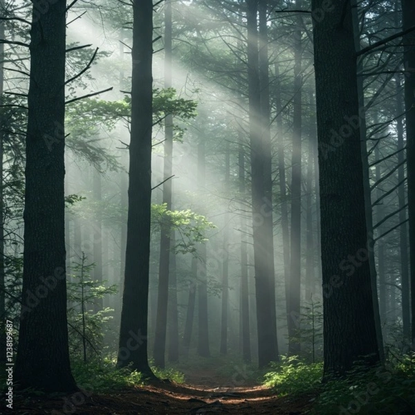 Fototapeta A misty forest with tall trees, where ethereal sunbeams pierce through the dense canopy, creating a serene and magical atmosphere.
