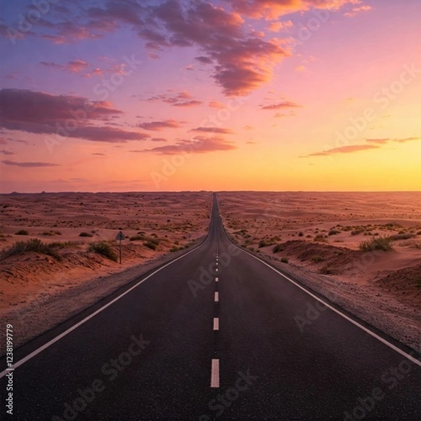 Obraz An endless desert highway stretching into the horizon under a vibrant sunset sky, blending hues of orange, pink, and purple.