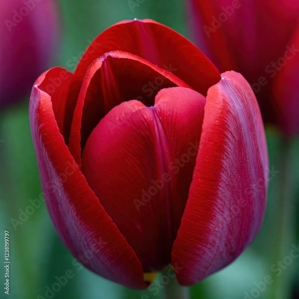 Obraz A close-up of a vibrant red tulip in full bloom, showcasing its delicate petals with rich texture and vivid color against a blurred green background.