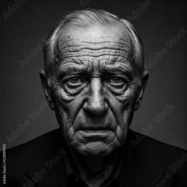 Obraz A dramatic black-and-white portrait of an elderly man, highlighting deep facial lines, intense eyes, and rich textures, evoking emotion and wisdom.