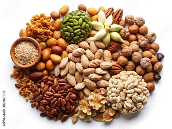 Fototapeta Crisp, high-res images of assorted nuts and seeds, isolated on a clean white background.