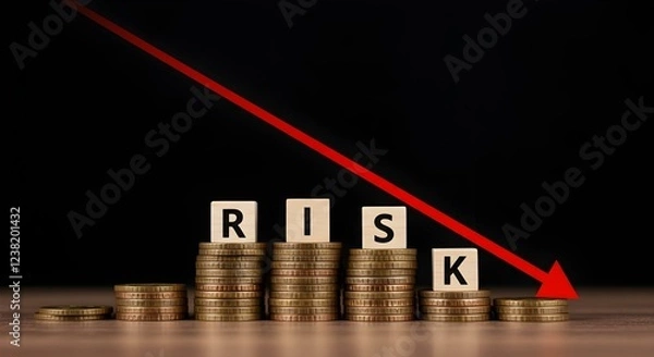 Fototapeta Risk wording on decreasing coins stacking with down arrow for financial banking risk analysis and management, Risk and a down arrow. Reduce financial risk for investment and capital., chart with sign
