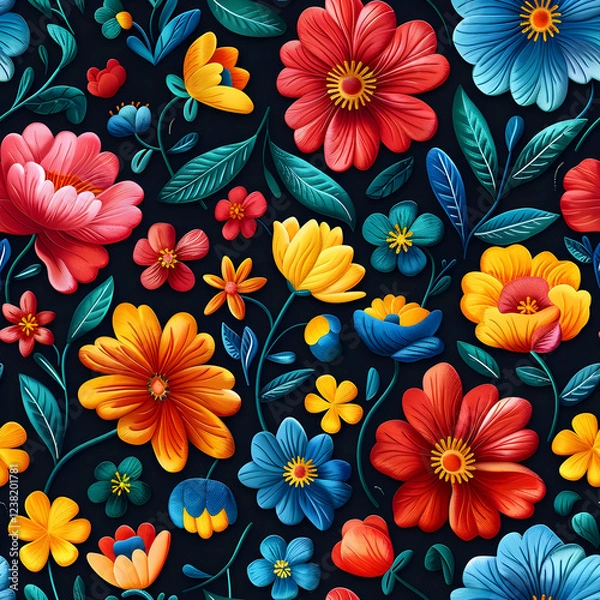 Fototapeta A vibrant floral pattern featuring various colorful flowers on a dark background.