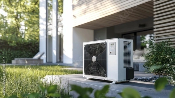 Fototapeta Modern Air Conditioning Unit on Patio Surrounded by Greenery