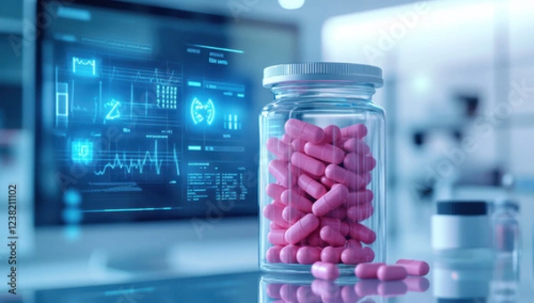 Obraz A transparent bottle containing vibrant pink multivitamins is placed on a lab table. A digital screen shows health metrics and graphs, emphasizing the focus on nutrition