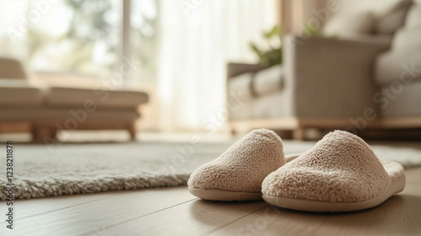 Fototapeta Close-up of beautiful, warm, soft beige slippers