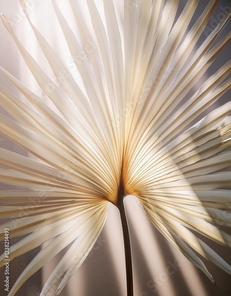 Fototapeta Sunlight filters through a beautifully textured palm leaf, creating a warm golden glow. This close-up invites feelings of relaxation and escape to a tropical island paradise