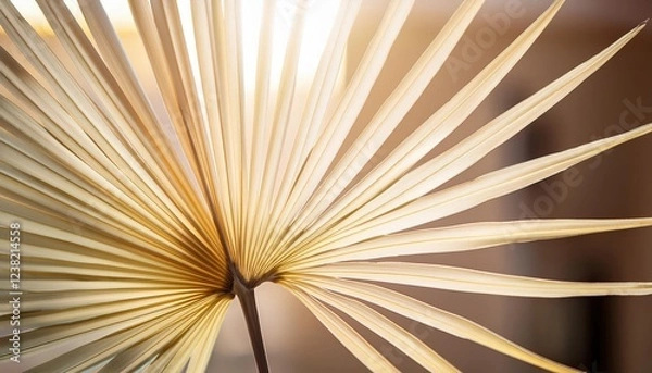 Obraz Delicate lines and textures of a palm leaf create an inviting atmosphere, bathed in warm golden light. This close-up captures the essence of tropical relaxation and beachside tranquility
