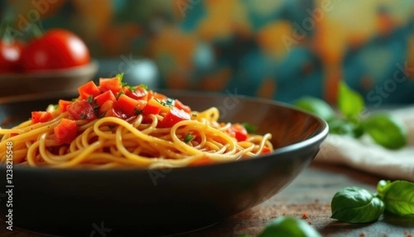 Fototapeta Delicious spaghetti with fresh tomatoes and basil in rustic setting