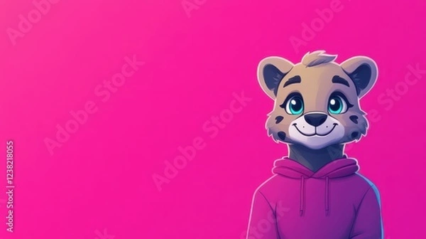 Fototapeta Charming anthrophomorphized animal character wearing a hoodie stands against a vibrant pink background, exuding a friendly and playful aura during a lively daytime moment
