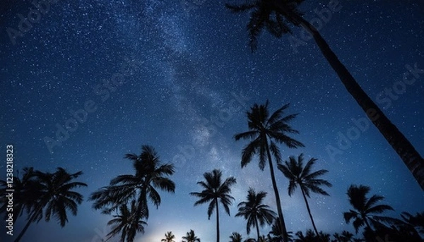 Obraz Silhouettes of towering palm trees create a captivating contrast against a deep midnight blue sky, filled with twinkling stars