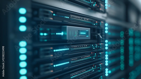Obraz Server Room Data Hub:  A close-up view of rows of powerful servers with glowing blue lights, highlighting the intricate network of hardware that drives modern technology.