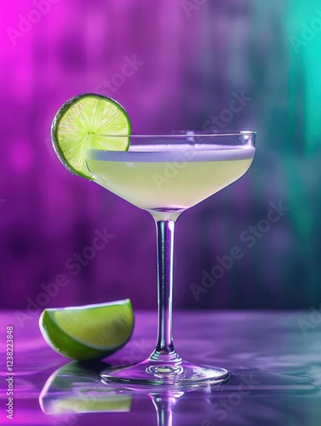 Obraz A refreshing cocktail garnished with lime, set against a vibrant background.