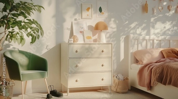Fototapeta Sunlit bedroom with dresser, chair, and bed.