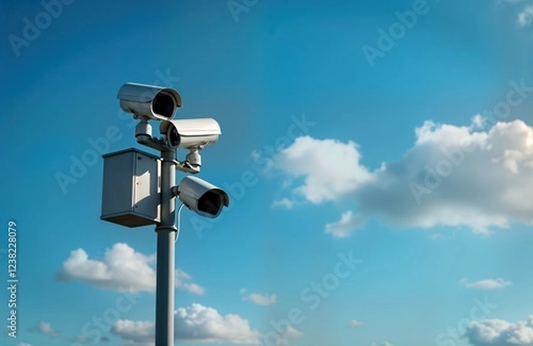 Fototapeta Modern speed control tech system. Automated traffic monitoring system with multiple cameras. System detects traffic speed. Potential fines for speeding sent by mail. Safe city traffic management.