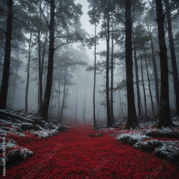 Fototapeta A mysterious forest glowing with white mist and floating red petals.