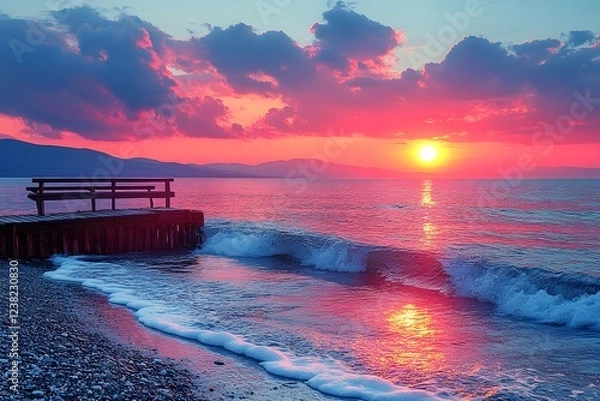 Fototapeta Tranquil Sunset Over Ocean Waves at Seaside Pier for Relaxation and Inspiration
