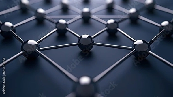 Fototapeta Networking event concept. Detailed close-up of interconnected metallic spheres and lines representing a network.