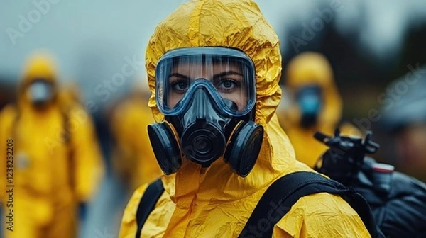 Obraz Hazardous materials response team member in protective suit engages in safety operations during a rainy day