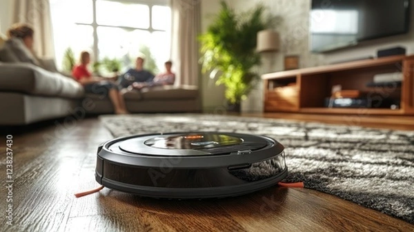 Obraz Robotic vacuum cleaner operates in a cozy living room with family sitting on the sofa