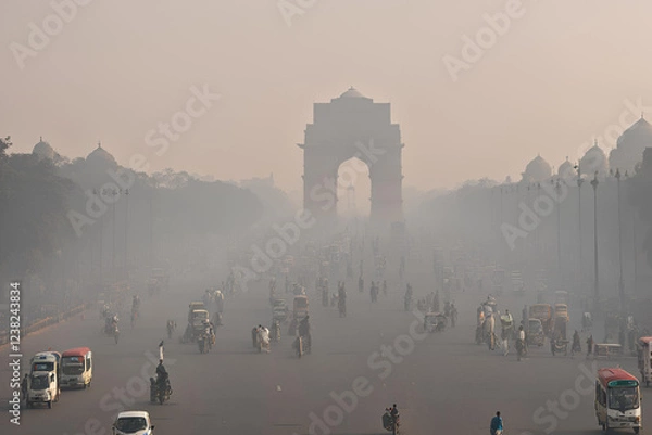 Fototapeta Delhi air pollution, India Gate smog, Urban traffic in Delhi, Smoggy morning at India Gate, Air pollution in New Delhi, Traffic congestion and pollution, Hazy skyline of Delhi Stock Photo.	