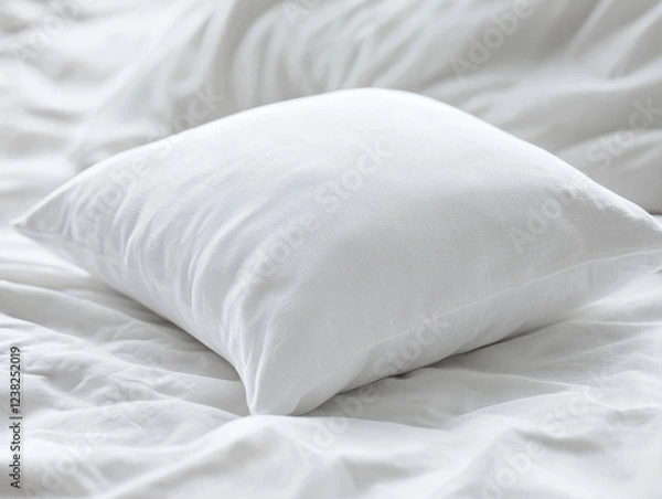 Fototapeta Soft white pillow resting on clean, cozy bed linens inviting relaxation and comfort