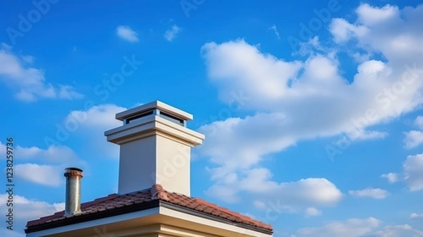 Fototapeta Charming Chimney on a Scenic Roof Under Bright Blue Sky with Fluffy Clouds and Sunlit Warmth Perfect for Home or Architecture Themes