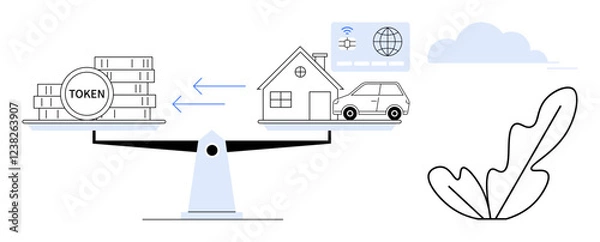 Obraz Set of tokens balanced with house, car, and connectivity icons using seesaw. Represents modern economy. Ideal for finance, investment, economics, digital currency, value exchange asset management