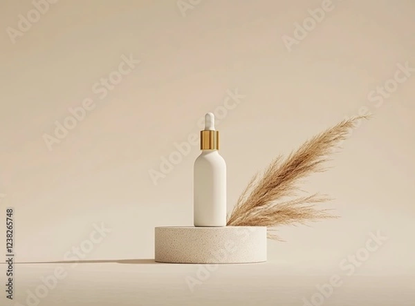 Fototapeta Photo of a single white bottle with a dropper cap and golden neck, placed on top of a small round geometric platform in the center of a beige background, with dried pampas grass beside it. 